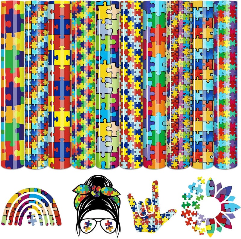 Tintnut Puzzle Pieces Heat Transfer Vinyl - 10 Sheets 10x12 Inch Autism Awareness Puzzles Craft Cutter HTV Vinyl Rainbow Color Pattern Printed Iron on Vinyl for Silhouette Cameo or Cricut - Image 1